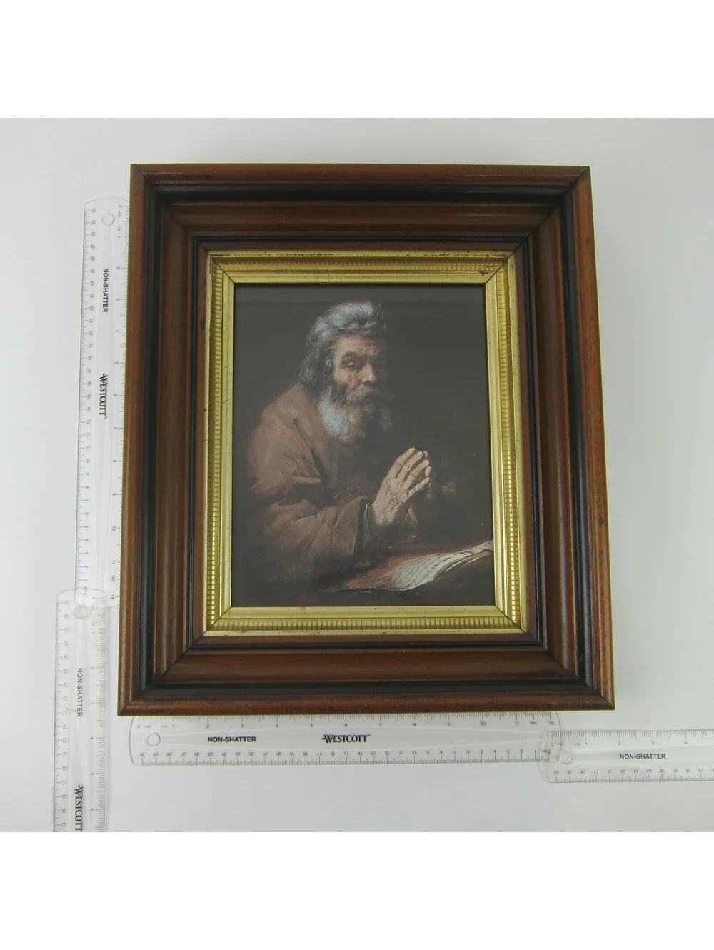 Antique Victorian Deep Picture Frame Walnut Wood Gold Gilt Old Man Praying Print